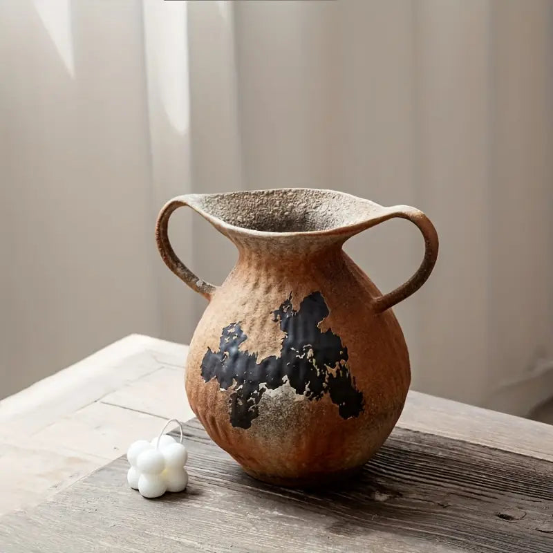 Retro Ceramic Vase with Double Handles, Rustic Home Decor for Living Room