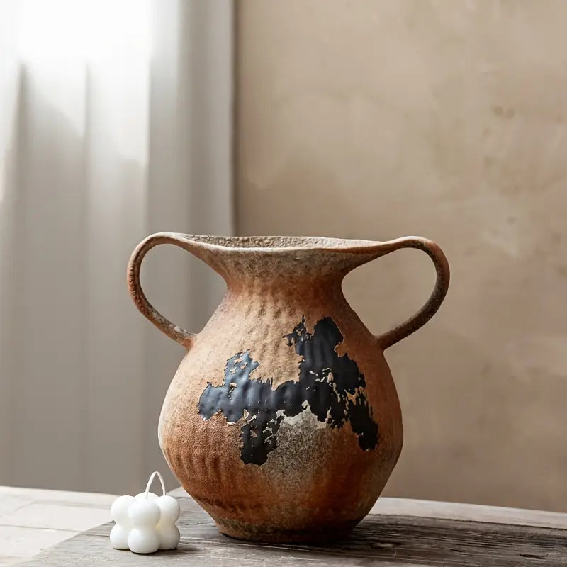 Retro Ceramic Vase with Double Handles, Rustic Home Decor for Living Room