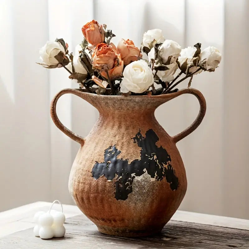 Retro Ceramic Vase with Double Handles, Rustic Home Decor for Living Room